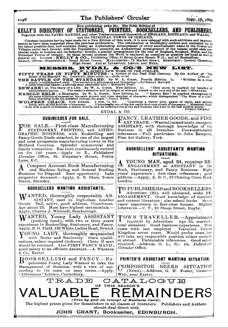 Publishers’ Circular (1880-1890): jS F Y, 1st edition - Booksellers Wanting Assistants.