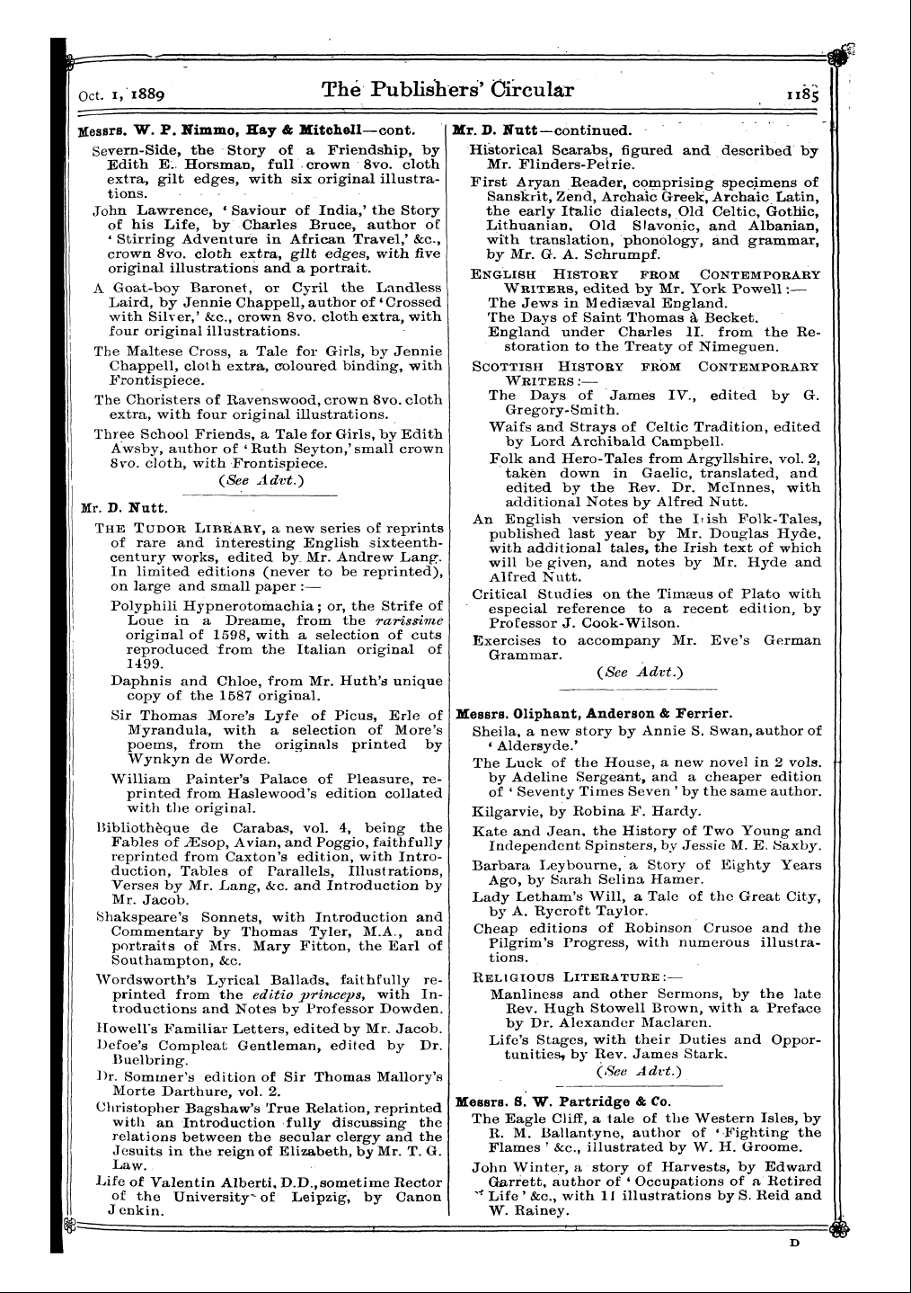 Publishers’ Circular (1880-1890): jS F Y, 1st edition - I Mr. D. Nutt. H The Tudor Library, A Ne...