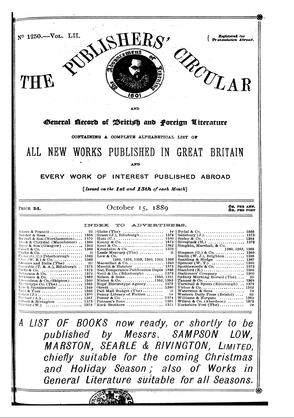 Publishers’ Circular (1880-1890): jS F Y, 1st edition - Muz — . • %Tk> I N ^ ° 1250. Vol. Lii. ^...