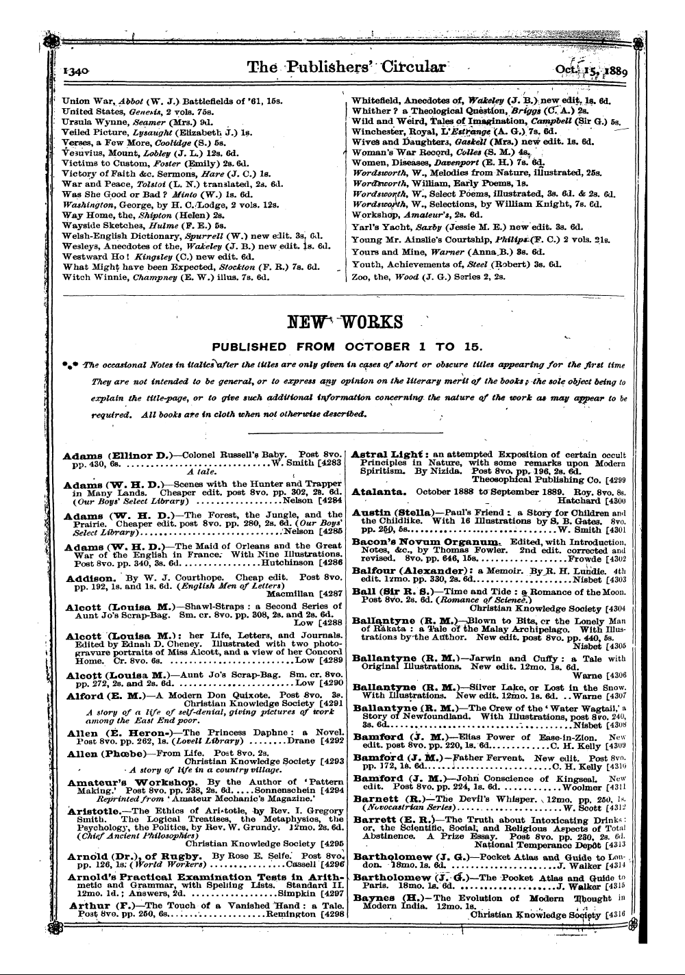 Publishers’ Circular (1880-1890): jS F Y, 1st edition - A. B. L., Lig H T In Darkness, 9d.