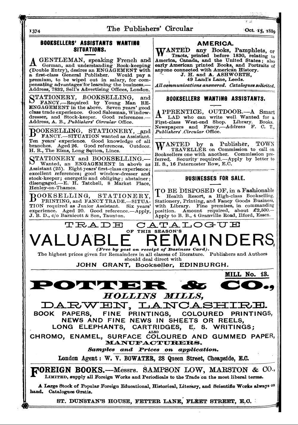 Publishers’ Circular (1880-1890): jS F Y, 1st edition - Ad05614