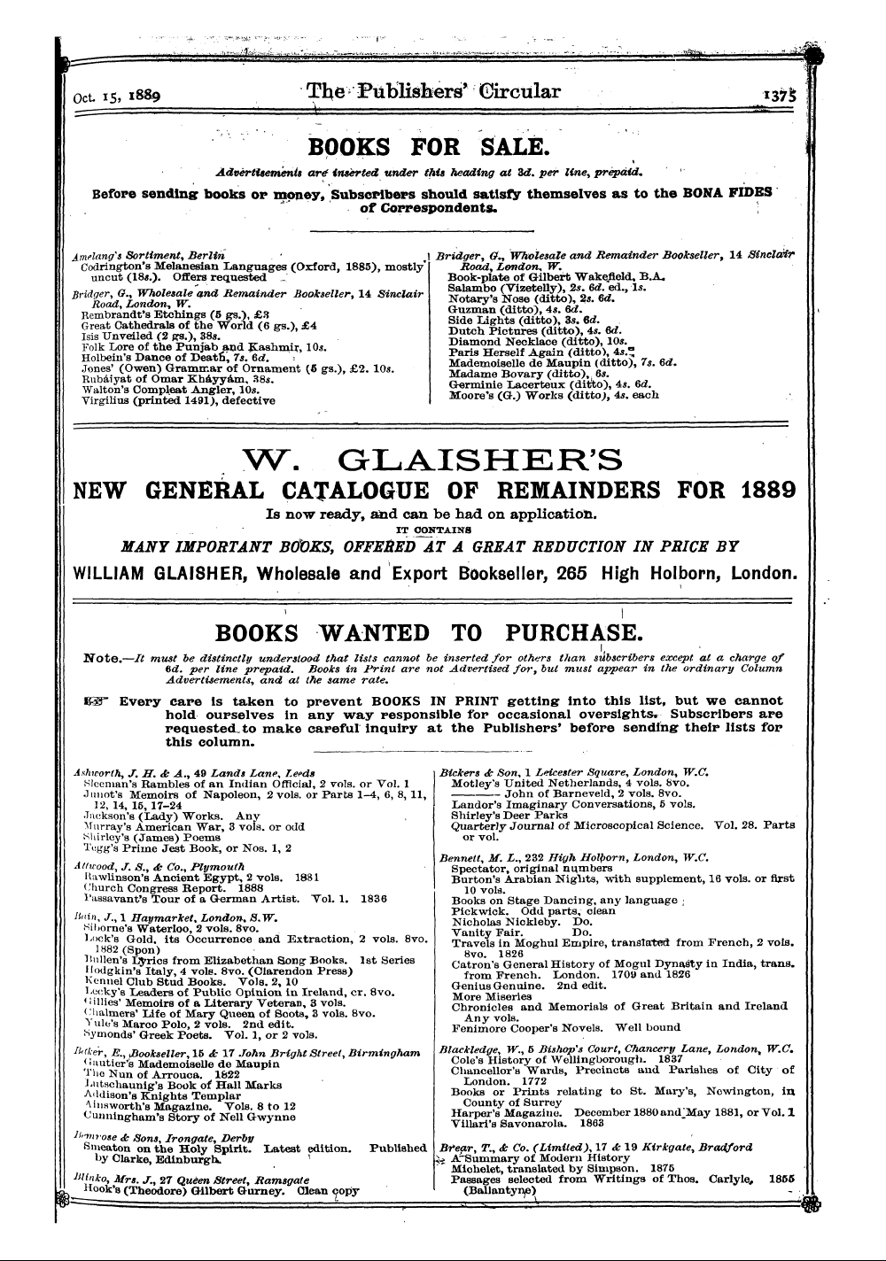 Publishers’ Circular (1880-1890): jS F Y, 1st edition - Books For Sale. I