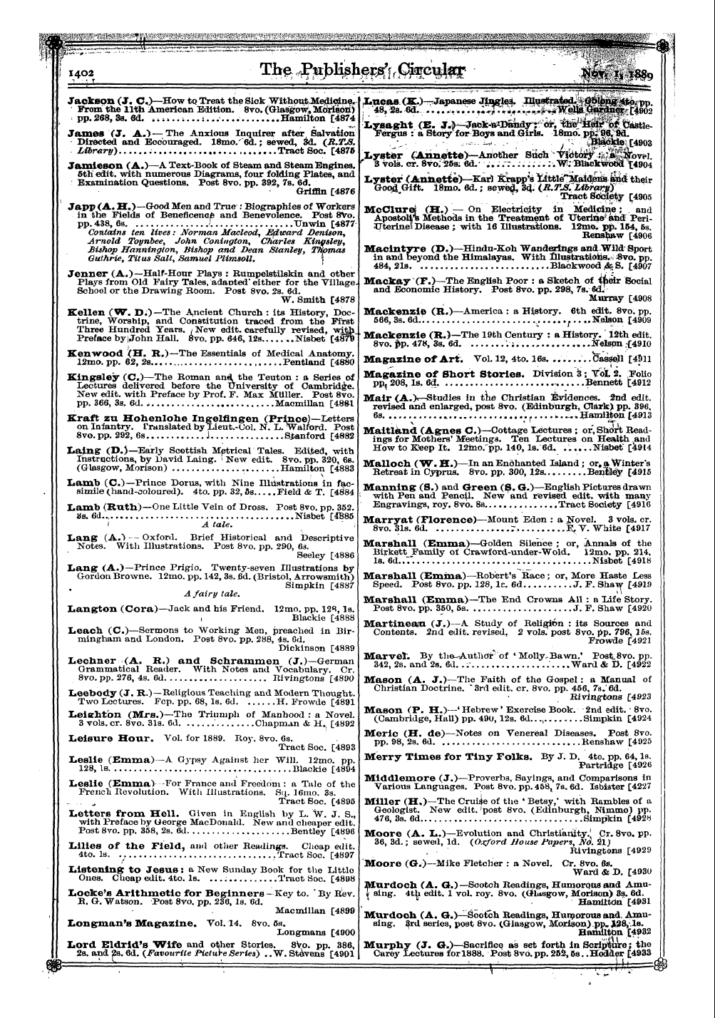 Publishers’ Circular (1880-1890): jS F Y, 1st edition - A. 1 Annual. Vol 2. Folio, 8s Partridge ...