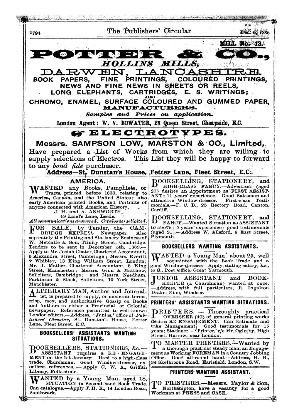 Publishers’ Circular (1880-1890): jS F Y, 1st edition - Printers' Assistants Wanting Situations.