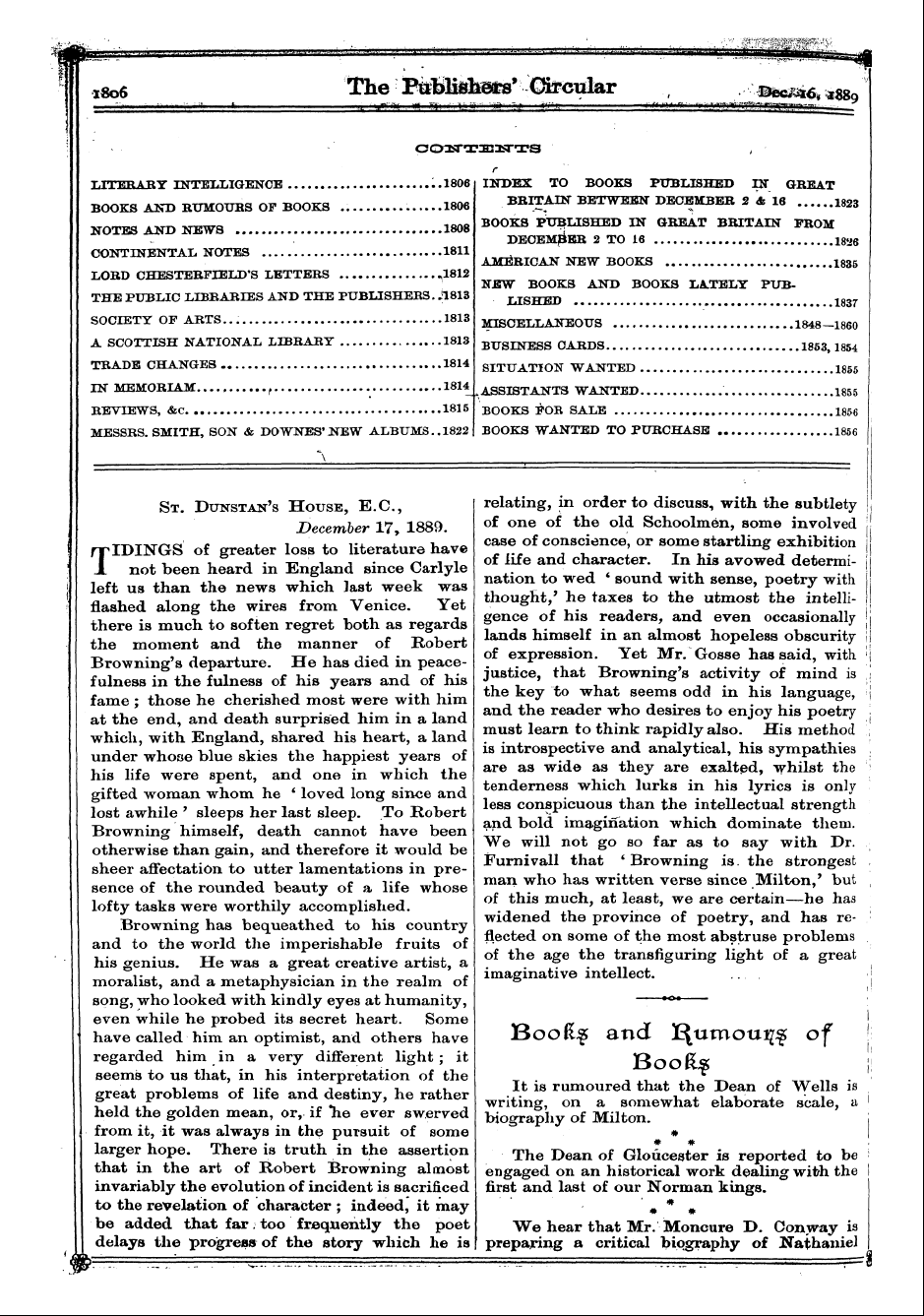 Publishers’ Circular (1880-1890): jS F Y, 1st edition - Npidings Of Greater Loss To Literature H...