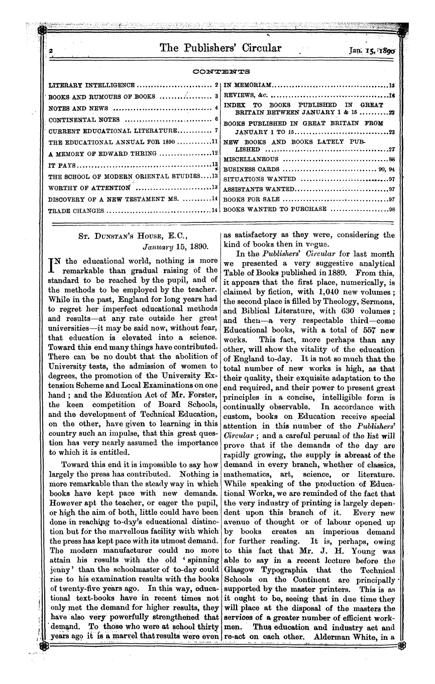 Publishers’ Circular (1880-1890): jS F Y, 1st edition - N The Educational World, Nothing Is More...