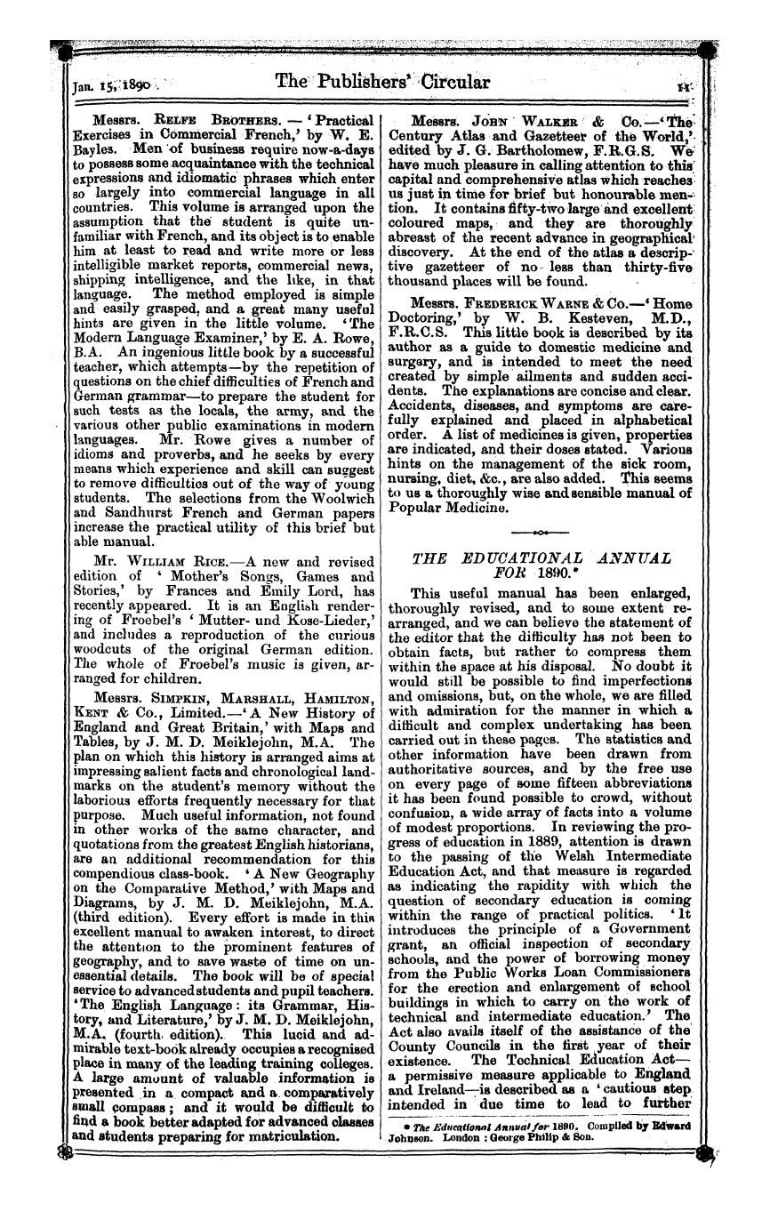 Publishers’ Circular (1880-1890): jS F Y, 1st edition - The Educational Annual For 1890.*