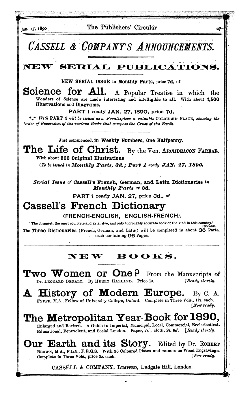 Publishers’ Circular (1880-1890): jS F Y, 1st edition - Cassell & Company's Announcements. 1