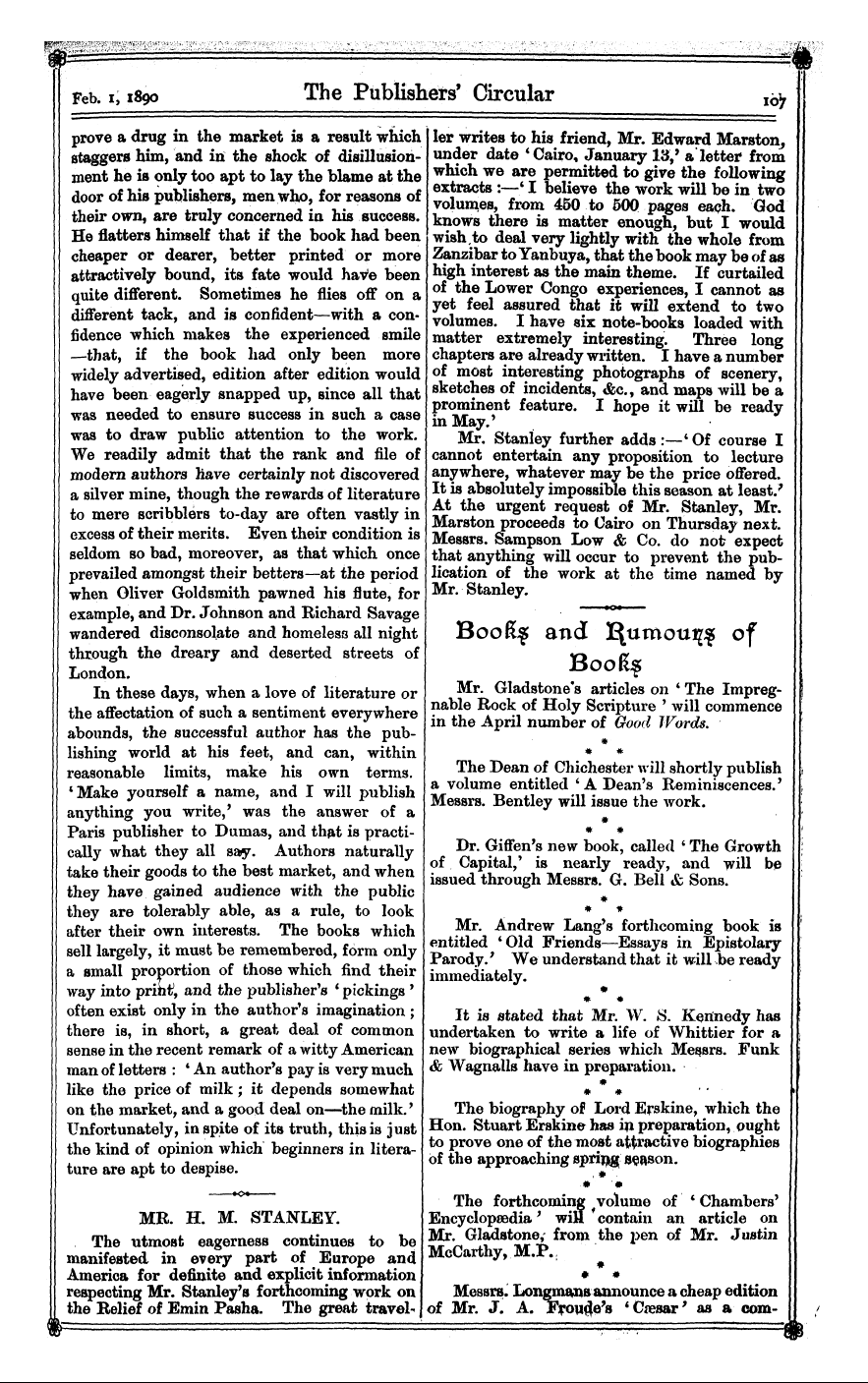 Publishers’ Circular (1880-1890): jS F Y, 1st edition - ——•«?•——¦—Mr. H. M. Stanley. The Utmost ...