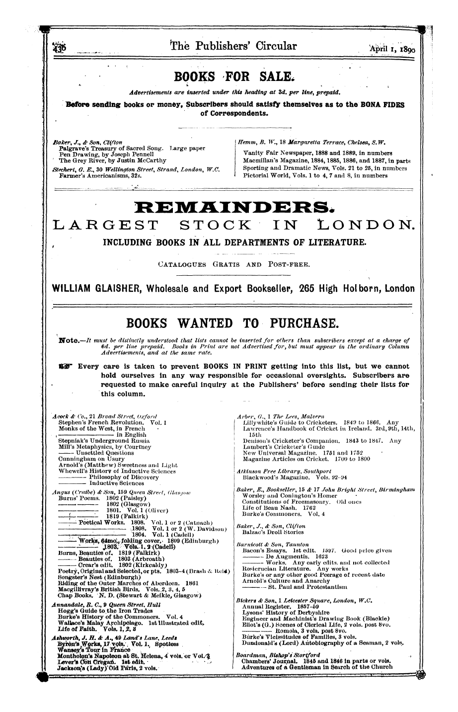 Publishers’ Circular (1880-1890): jS F Y, 1st edition - Acock Stephen A Co 'S ., Fr 21 Ench Broa...