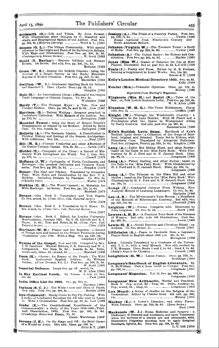 Publishers’ Circular (1880-1890): jS F Y, 1st edition - April 15,1890 The Publishers' Circular 4...