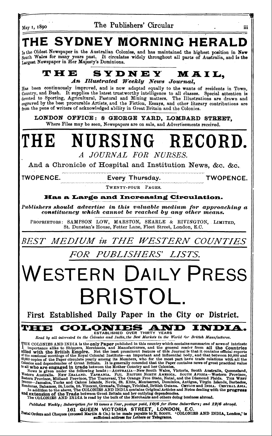 Publishers’ Circular (1880-1890): jS F Y, 1st edition - Ad06903