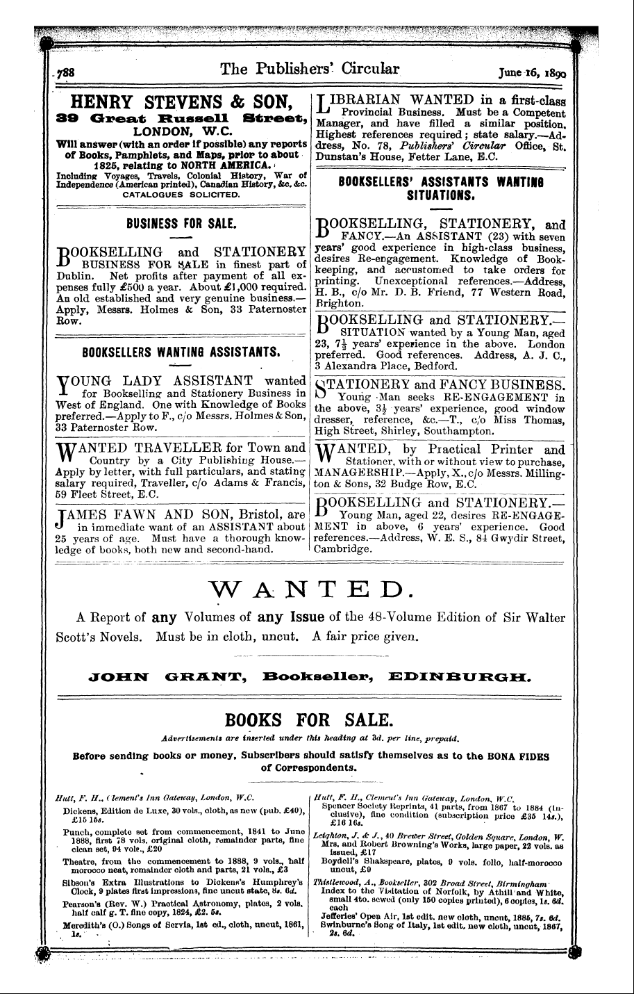 Publishers’ Circular (1880-1890): jS F Y, 1st edition - Hutt, F. I/., Clement's Inn Qatetcay, Lo...