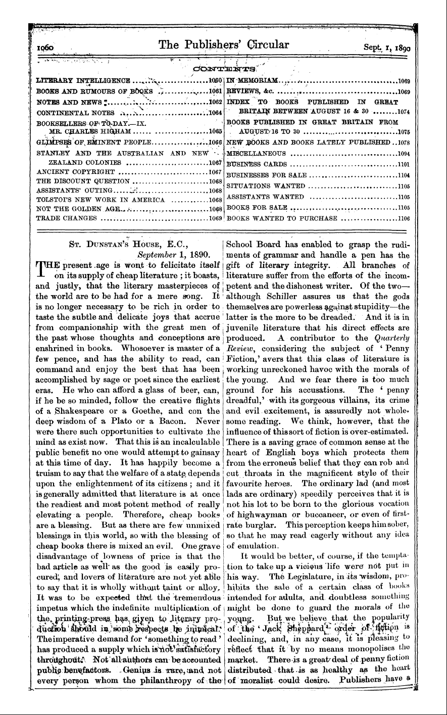 Publishers’ Circular (1880-1890): jS F Y, 1st edition - St. Dunstan's House, E.C., September 1, 1890.