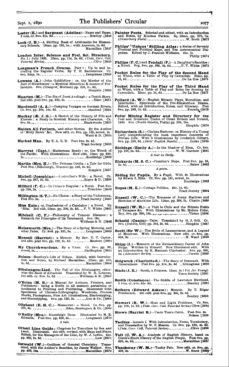 Publishers’ Circular (1880-1890): jS F Y, 1st edition - Adams (Mrs. L.)—My Land Of Beulah. Cr Me...