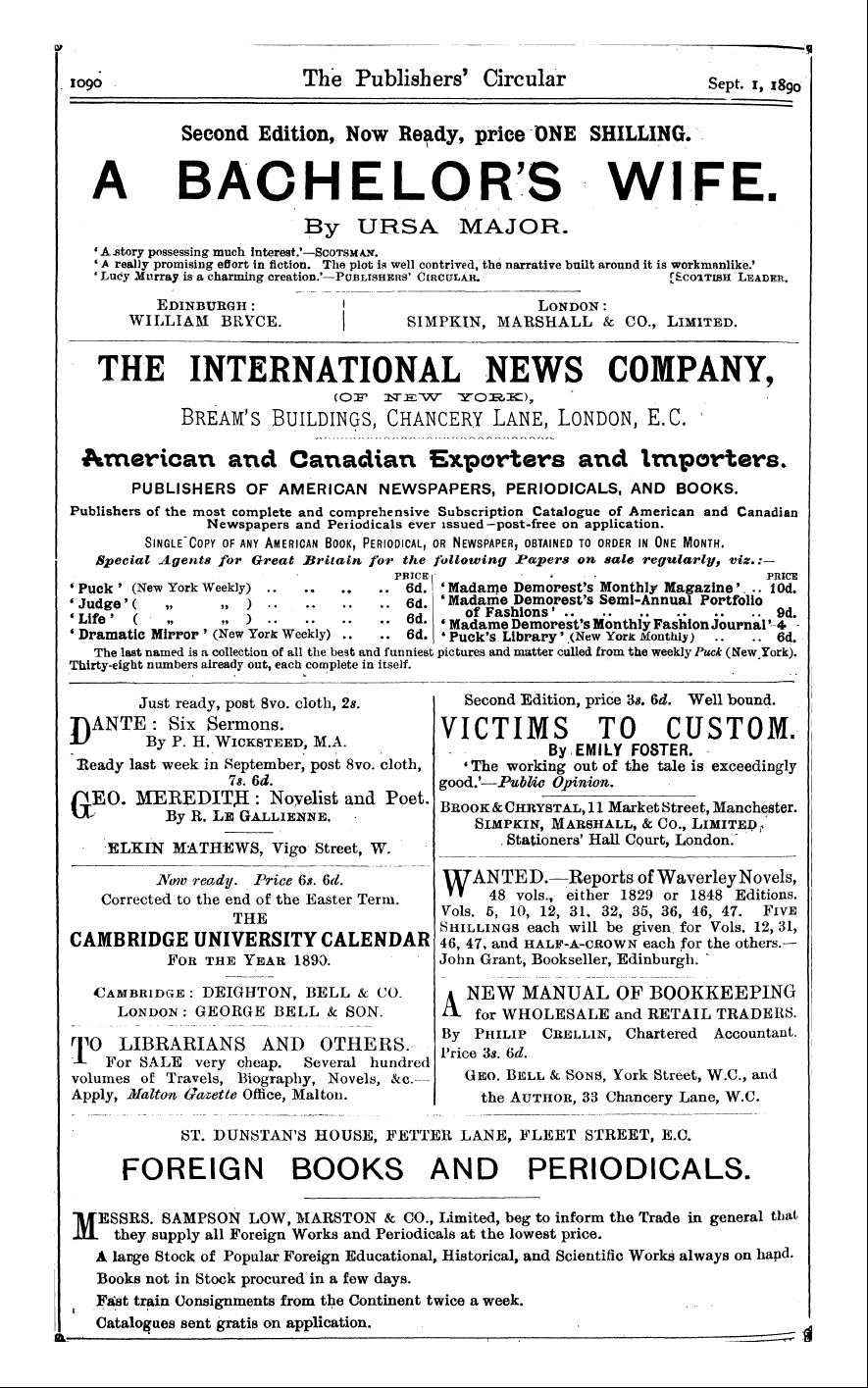 Publishers’ Circular (1880-1890): jS F Y, 1st edition - Ad03609