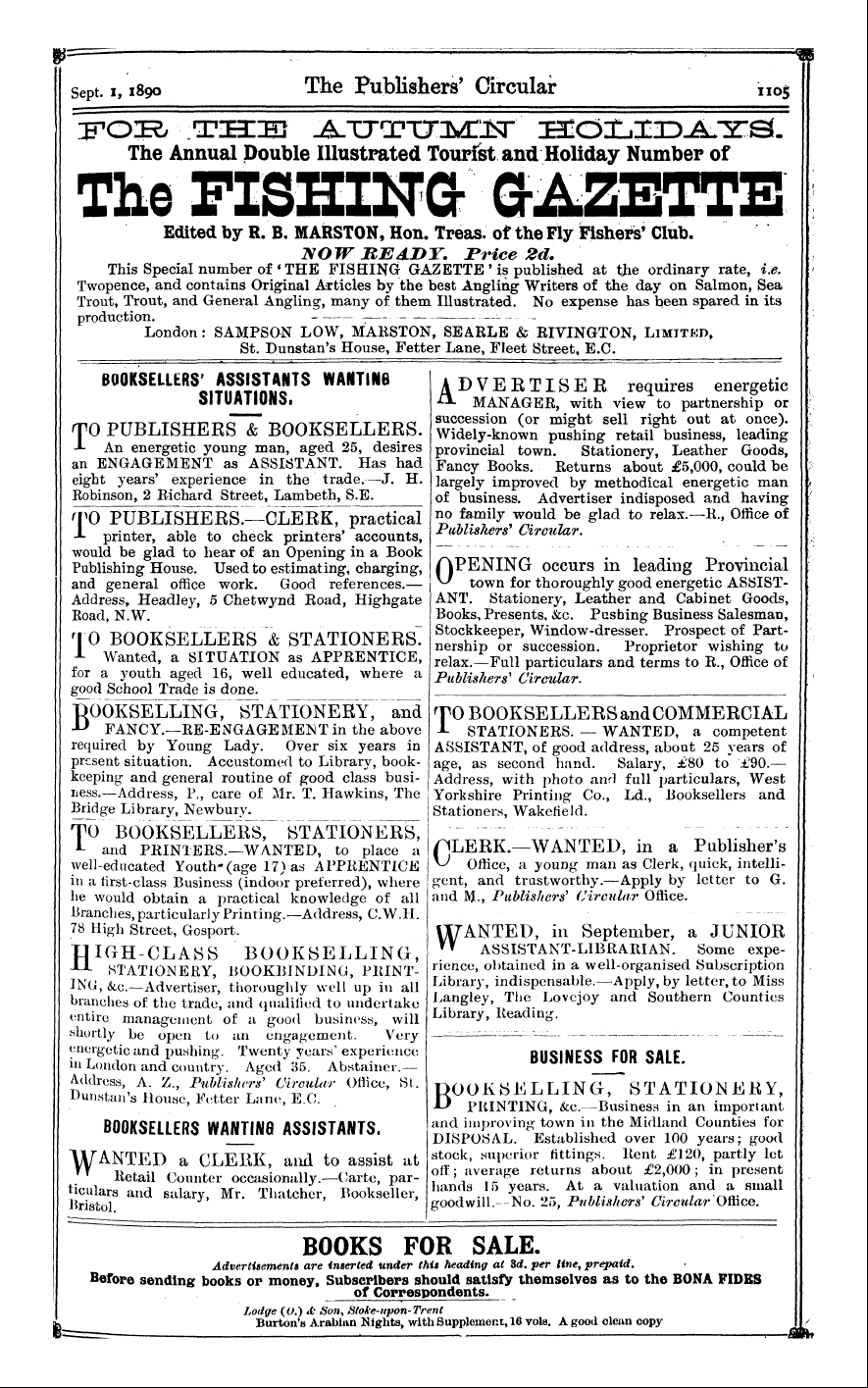 Publishers’ Circular (1880-1890): jS F Y, 1st edition - Business For Sale.