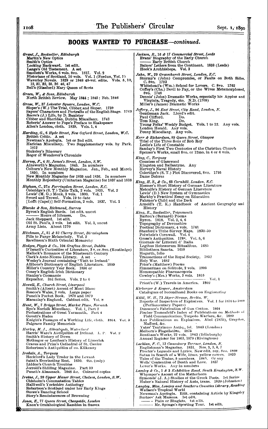 Publishers’ Circular (1880-1890): jS F Y, 1st edition - Abraham Prayers , H For ., Moravian Taun...