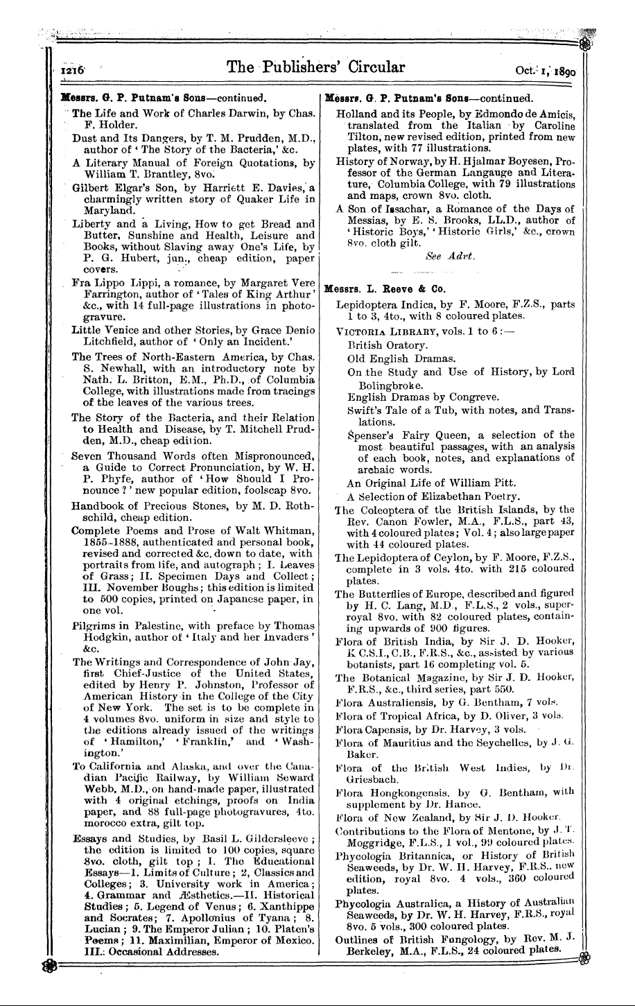 Publishers’ Circular (1880-1890): jS F Y, 1st edition - Messrs. L. Reeve & Go. Lepidoptera Indic...