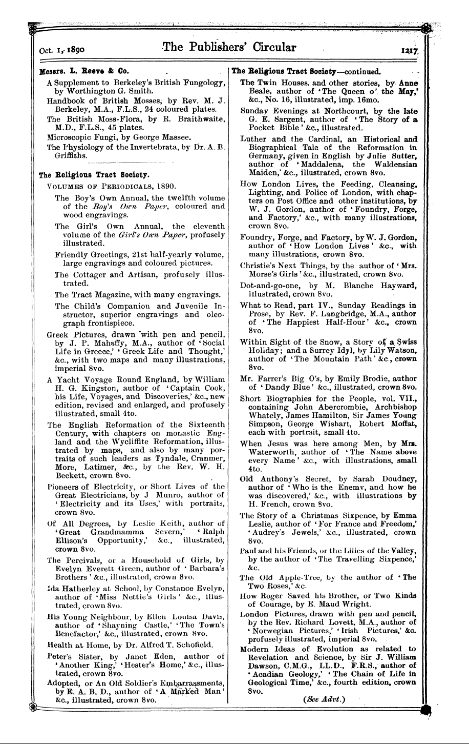 Publishers’ Circular (1880-1890): jS F Y, 1st edition - Messrs. L. Reeve & Go. Lepidoptera Indic...