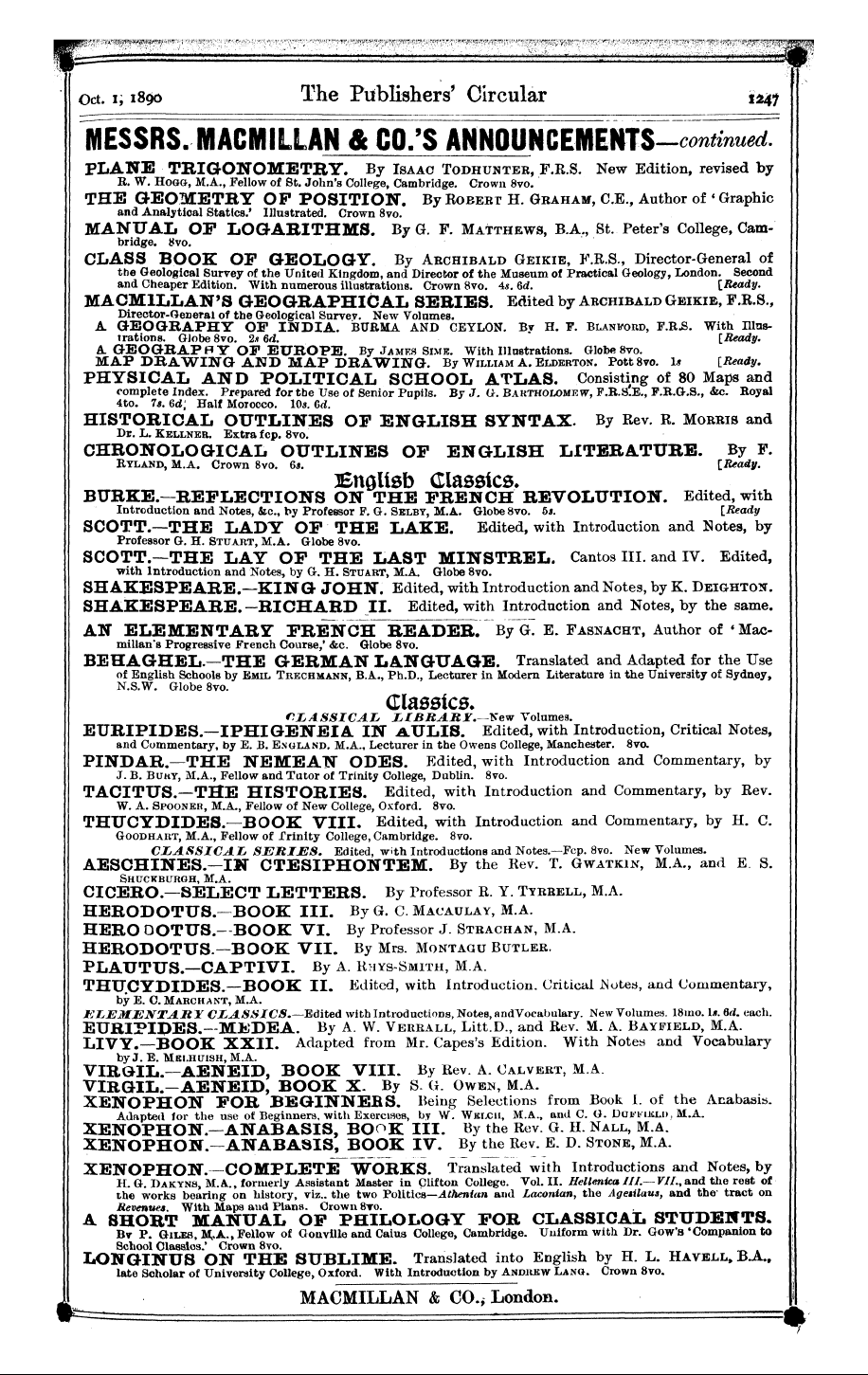 Publishers’ Circular (1880-1890): jS F Y, 1st edition - Ad08601