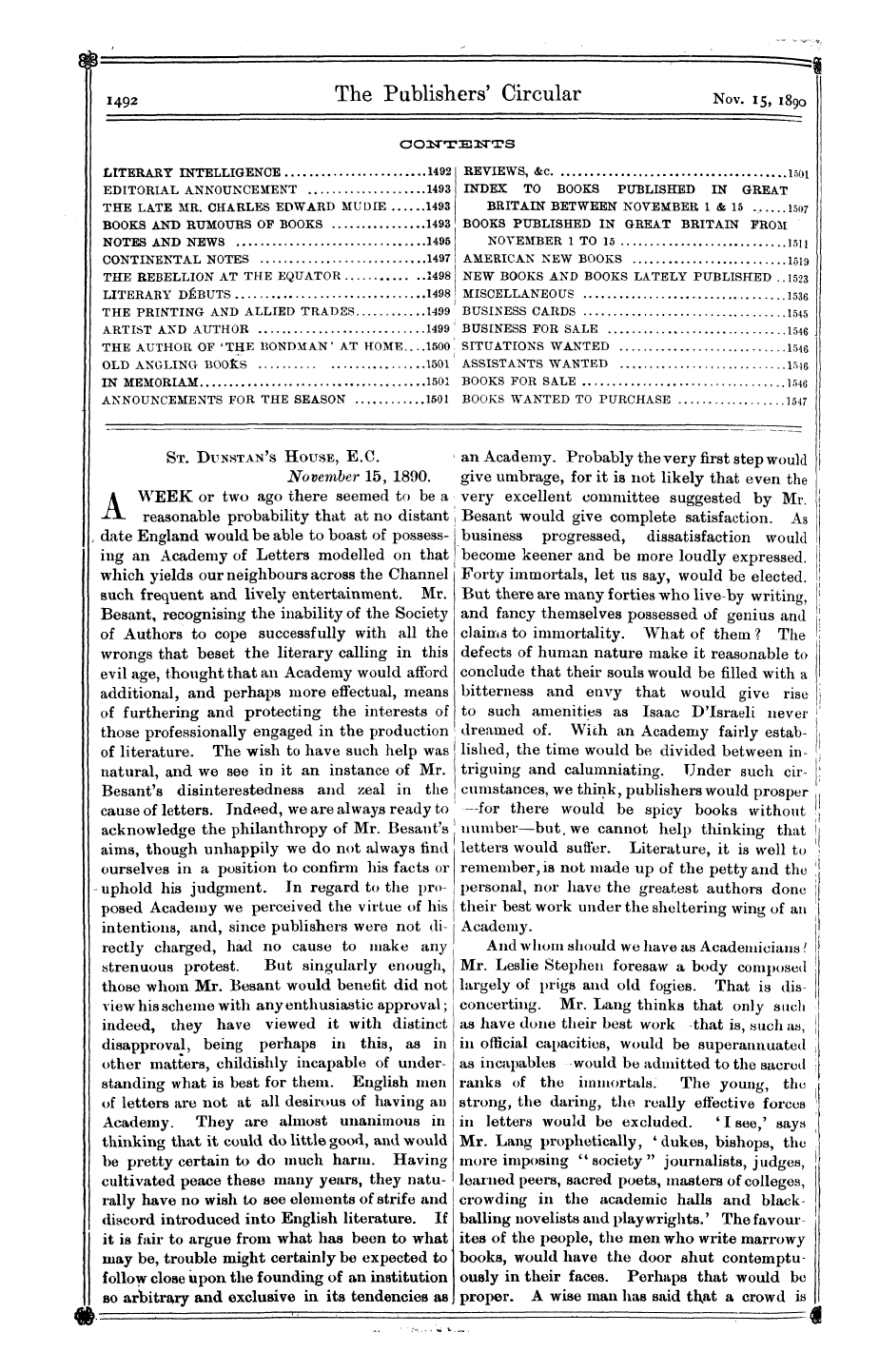 Publishers’ Circular (1880-1890): jS F Y, 1st edition - St. Dunstan's House, E.C. November 15, 1890.