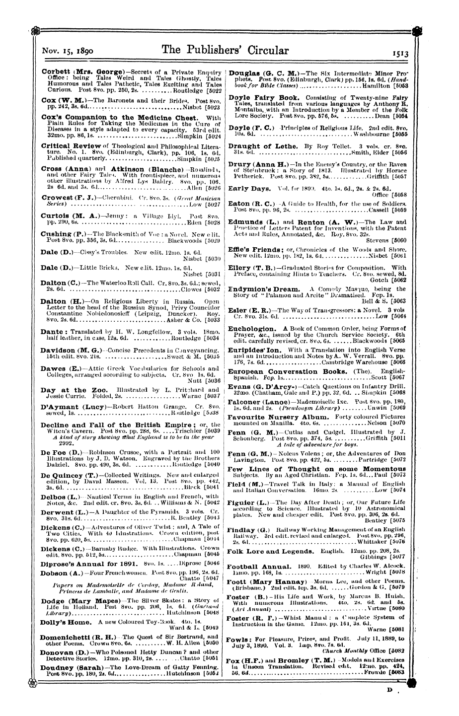 Publishers’ Circular (1880-1890): jS F Y, 1st edition - T& M