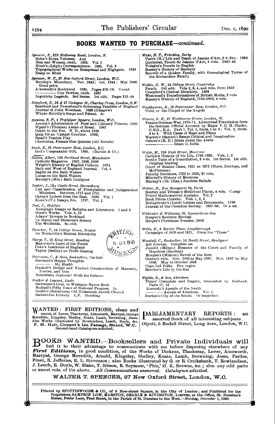 Publishers’ Circular (1880-1890): jS F Y, 1st edition - Printed Pro By Prietors Sp0tti , Sampson...