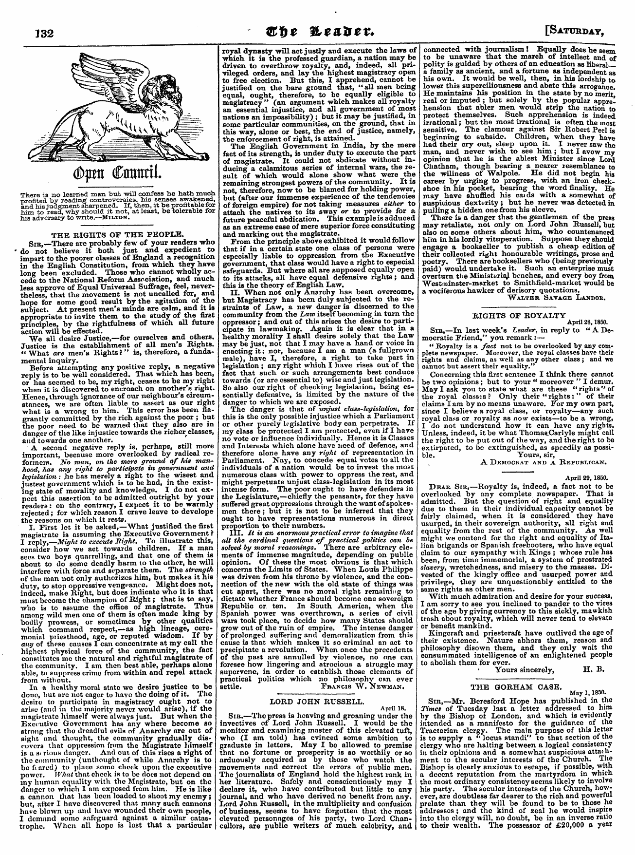 Leader (1850-1860): jS F Y, Country edition - April 29, 1850. Dear Sib,—Royalty Is, In...