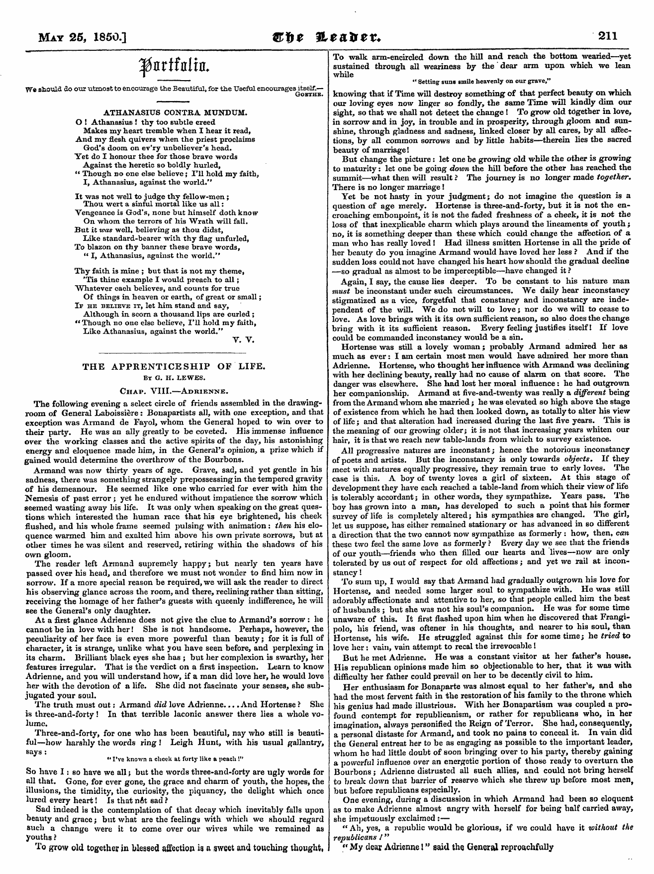 Leader (1850-1860): jS F Y, Country edition - The Apprenticeship Of Life. By G. H. Lew...