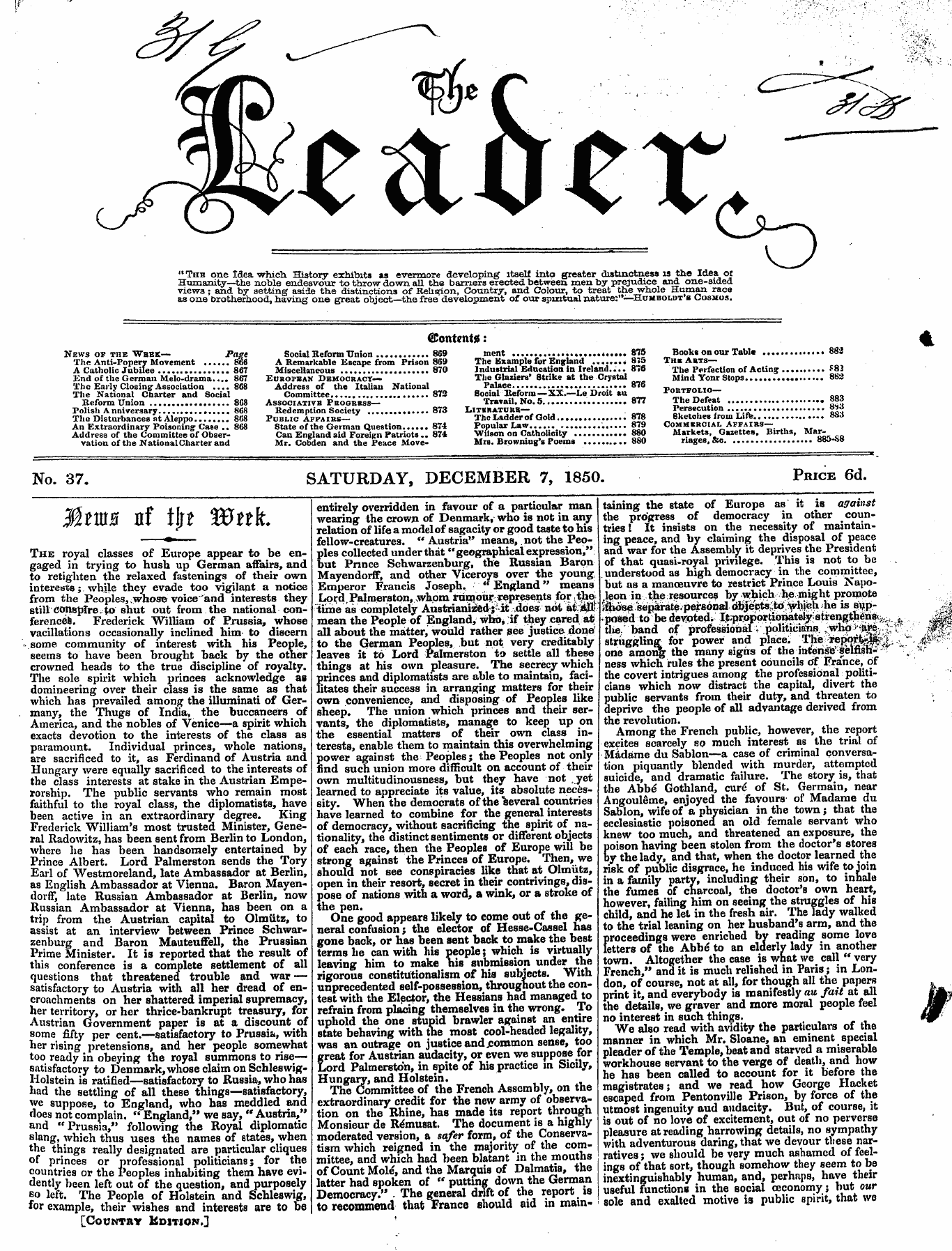 Leader (1850-1860): jS F Y, Country edition - No. 37. Saturday, December 7, 1850. Pric...