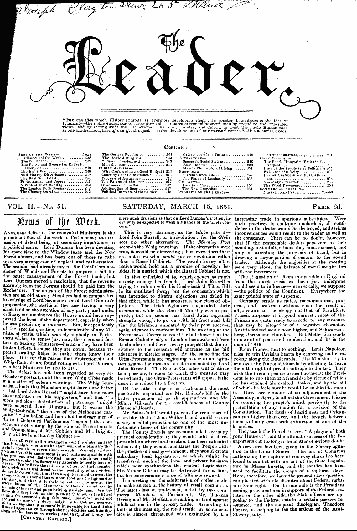 Leader (1850-1860): jS F Y, Country edition - Another Defeat Of The Renovated Minister...