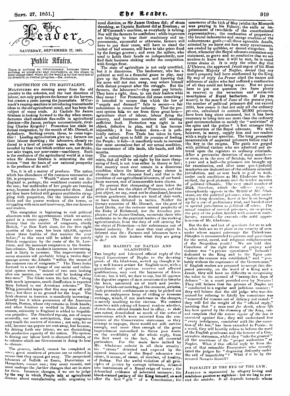 Leader (1850-1860): jS F Y, Country edition - Saturday, September 27, 1851.