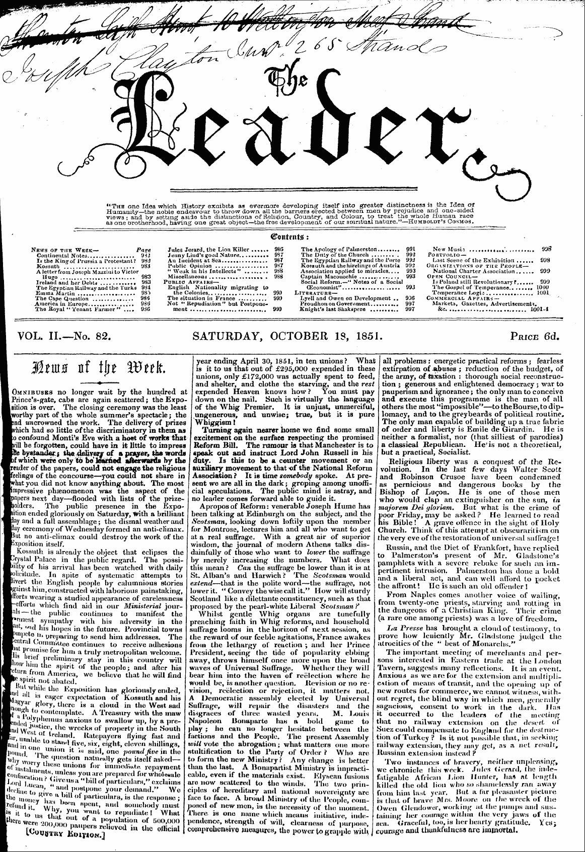 Leader (1850-1860): jS F Y, Country edition - I Vol. Ii.— No. 82. Saturday, October 13...