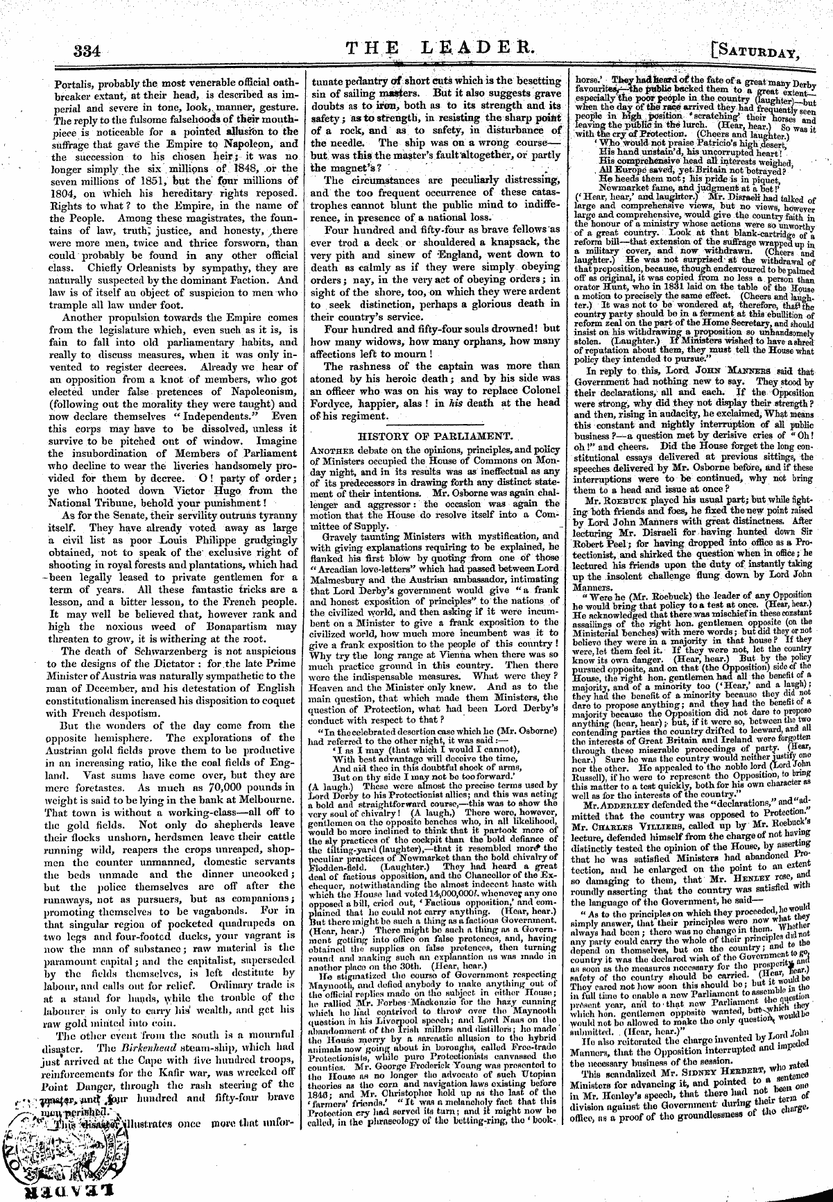 Leader (1850-1860): jS F Y, Country edition - History Of Parliament. Another Debate On...