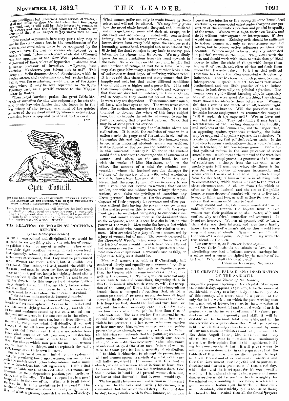 Leader (1850-1860): jS F Y, Country edition - November 13, 1852.] The Leader. 1091