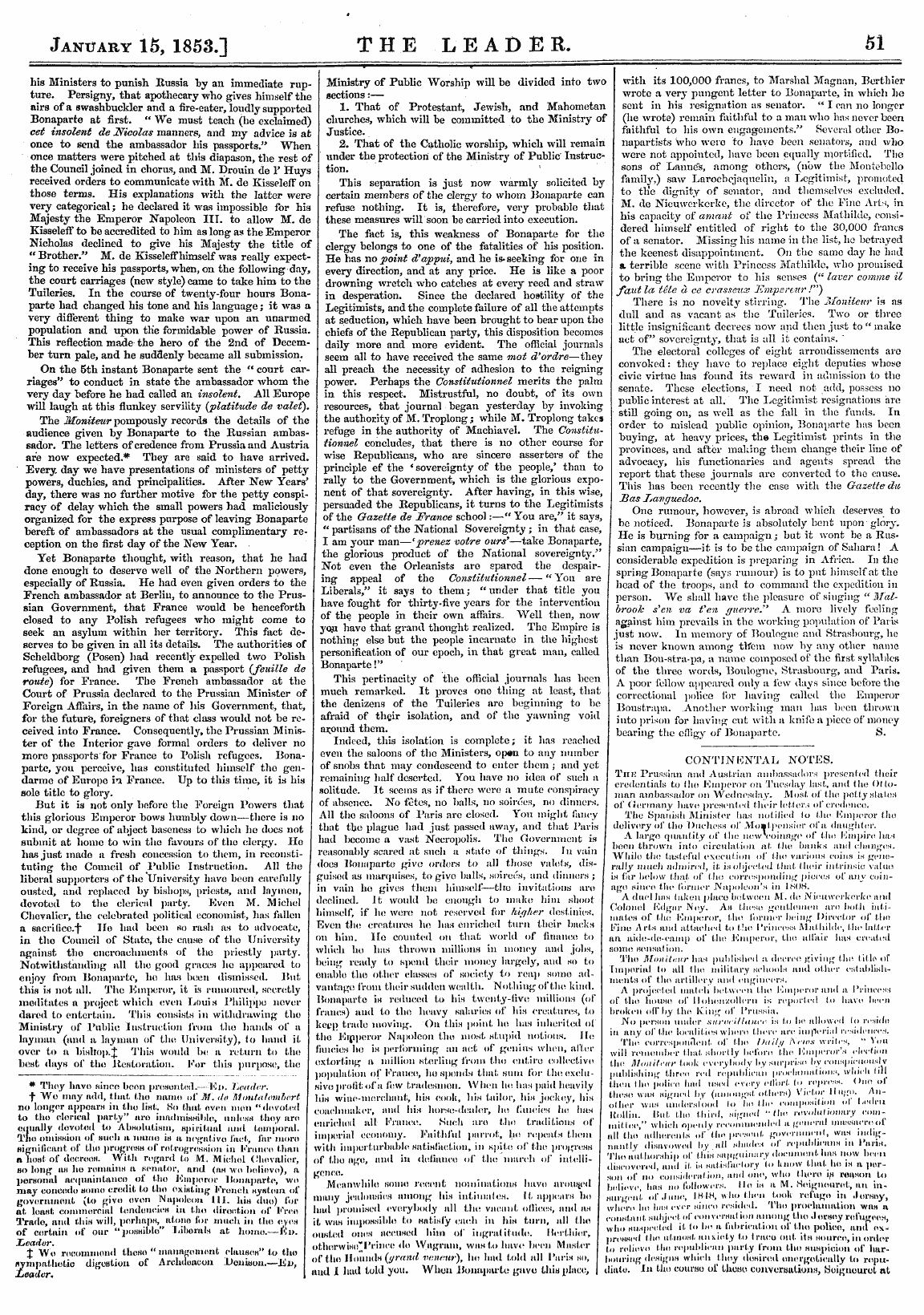 Leader (1850-1860): jS F Y, Country edition - January 15, 1853.] The Leader. 51