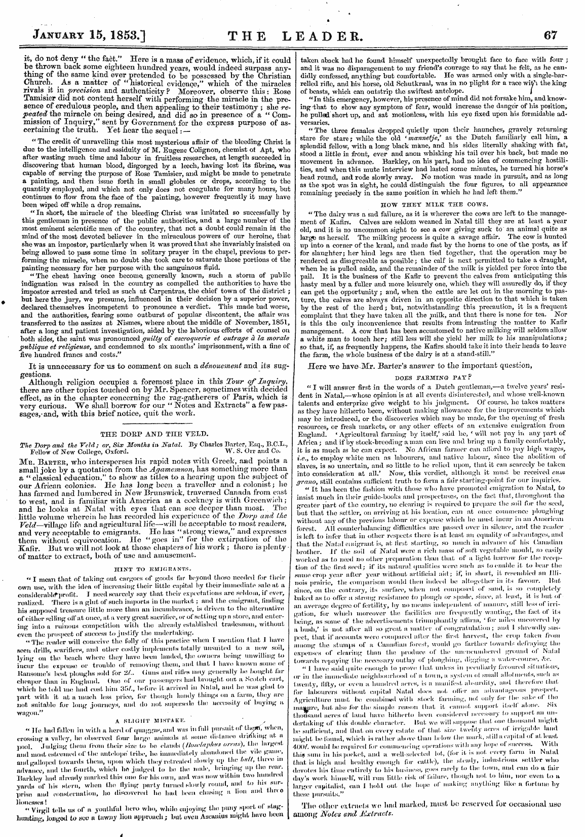 Leader (1850-1860): jS F Y, Country edition - January 15, 1853.] The Leader. 67