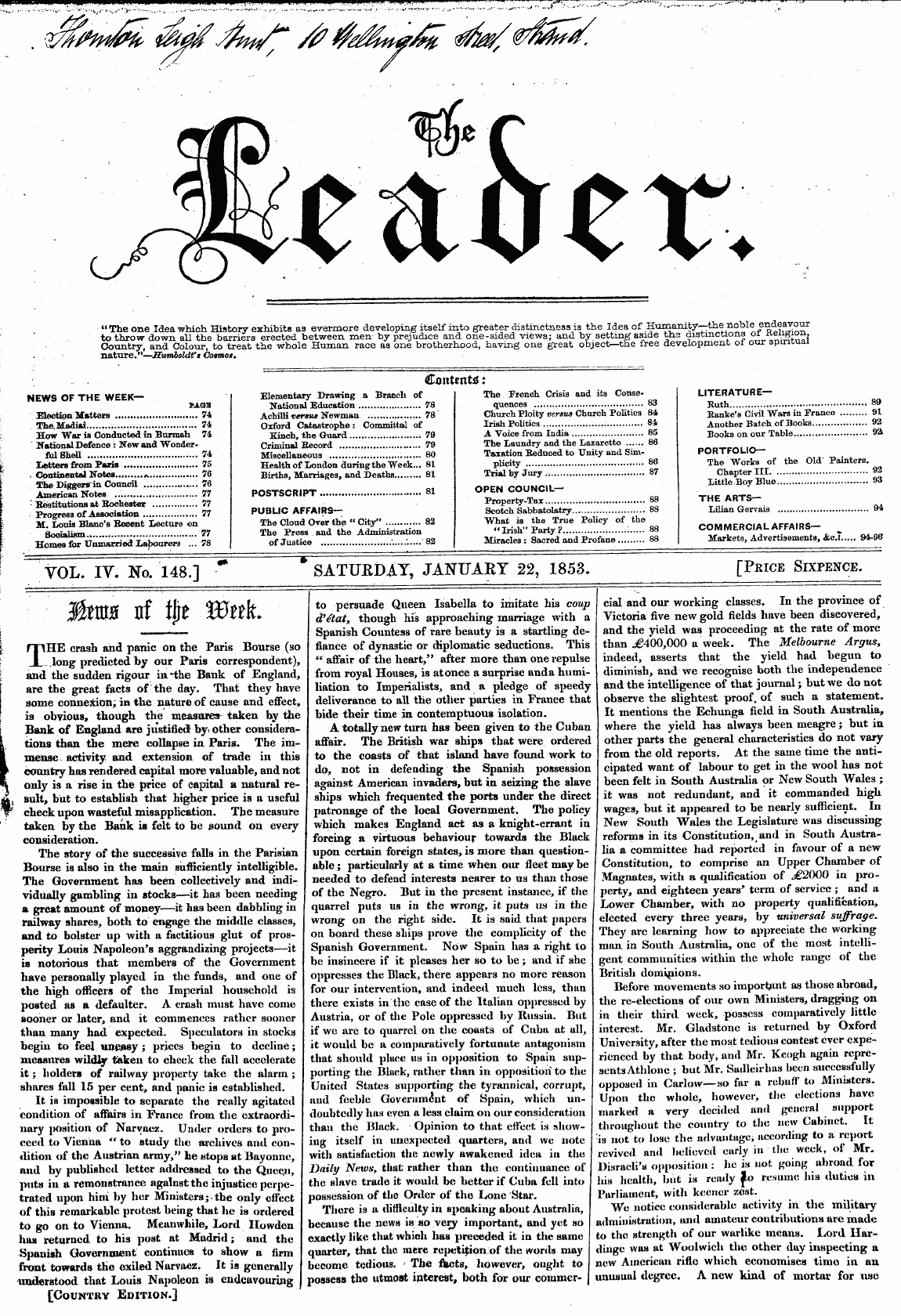 Leader (1850-1860): jS F Y, Country edition - Ftlhe Crash And Panic On The Paris Bours...