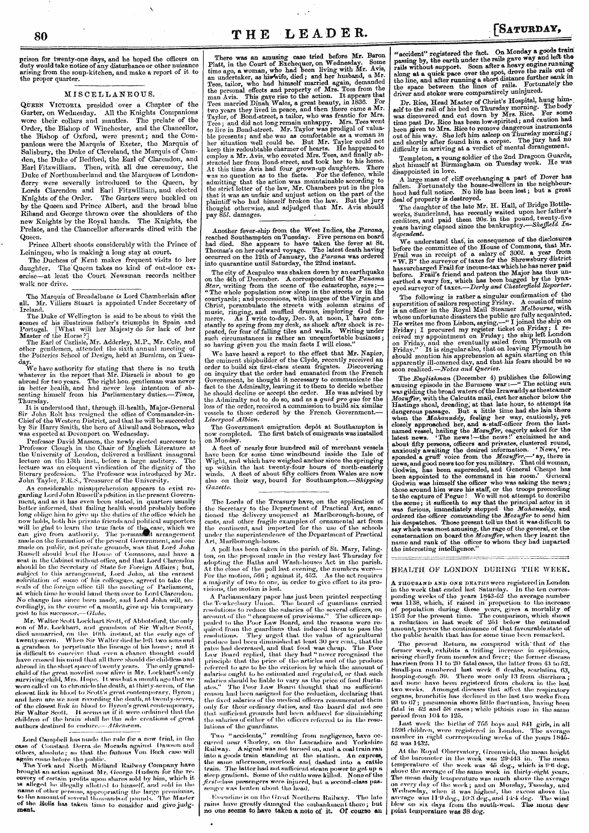 Leader (1850-1860): jS F Y, Country edition - Health Of London During The Week. A Thou...