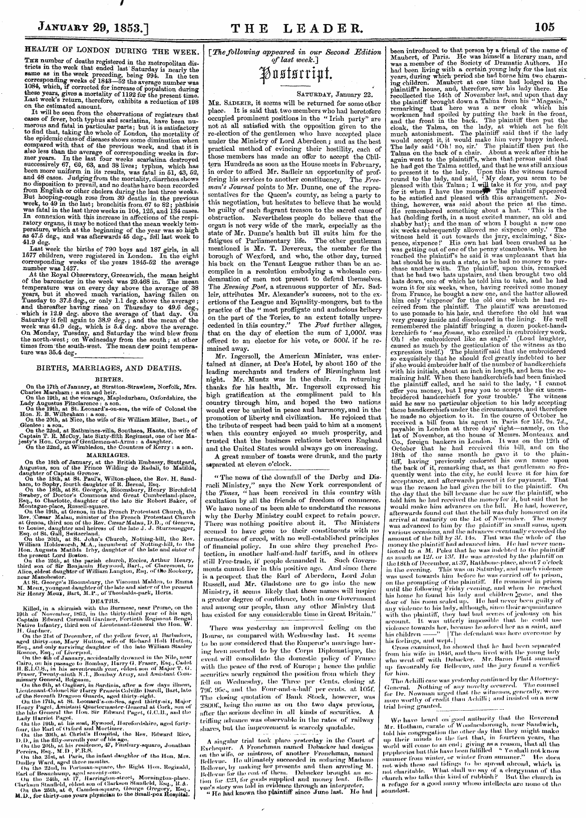 Leader (1850-1860): jS F Y, Country edition - Births, Marriages, And Deaths. Bieths. O...