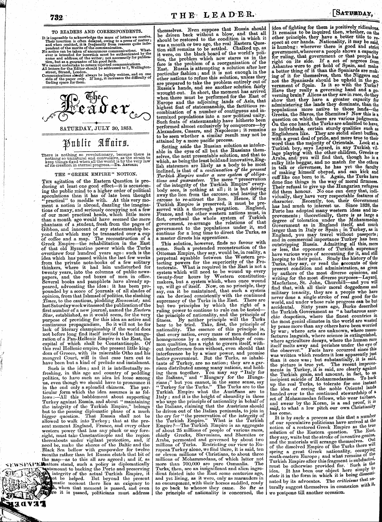 Leader (1850-1860): jS F Y, Country edition - Saturday, July 30,1853.