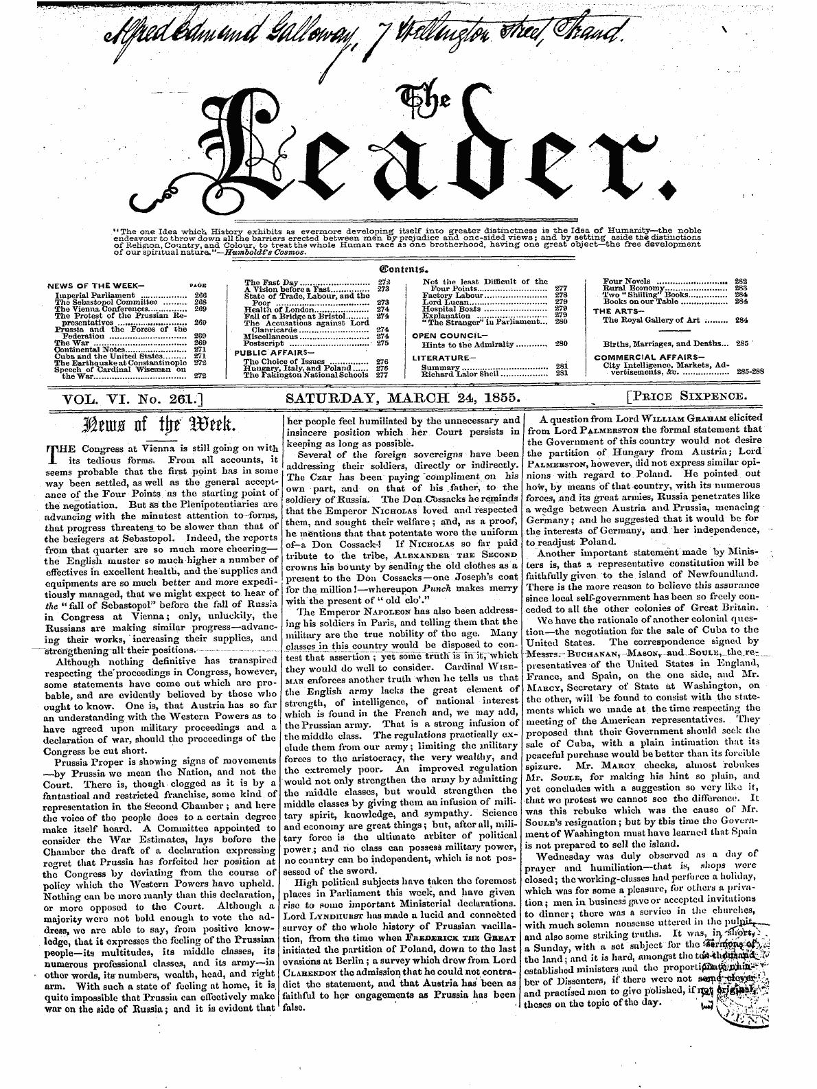 Leader (1850-1860): jS F Y, 2nd edition - Vol. Vi. No. 261] Saturday, March 24, 18...