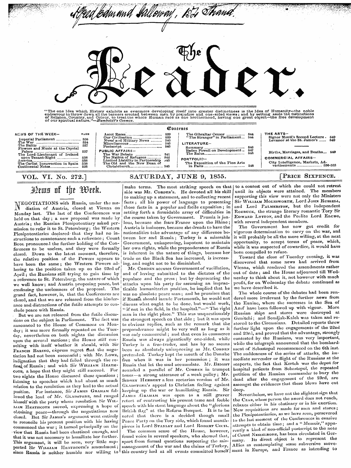 Leader (1850-1860): jS F Y, 2nd edition - Vol.. Vi. No. 272.] Saturday, June 9, 18...