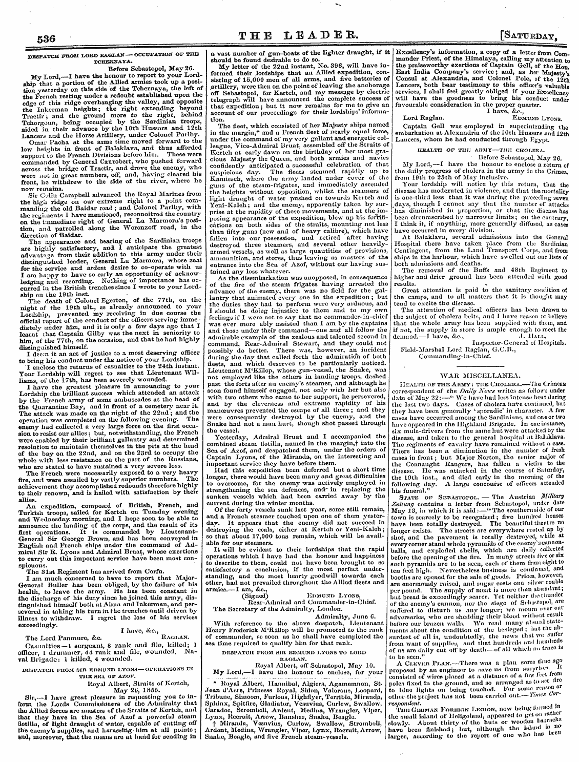 Leader (1850-1860): jS F Y, 2nd edition - Despatch From Lord Raglan Occupation Of ...