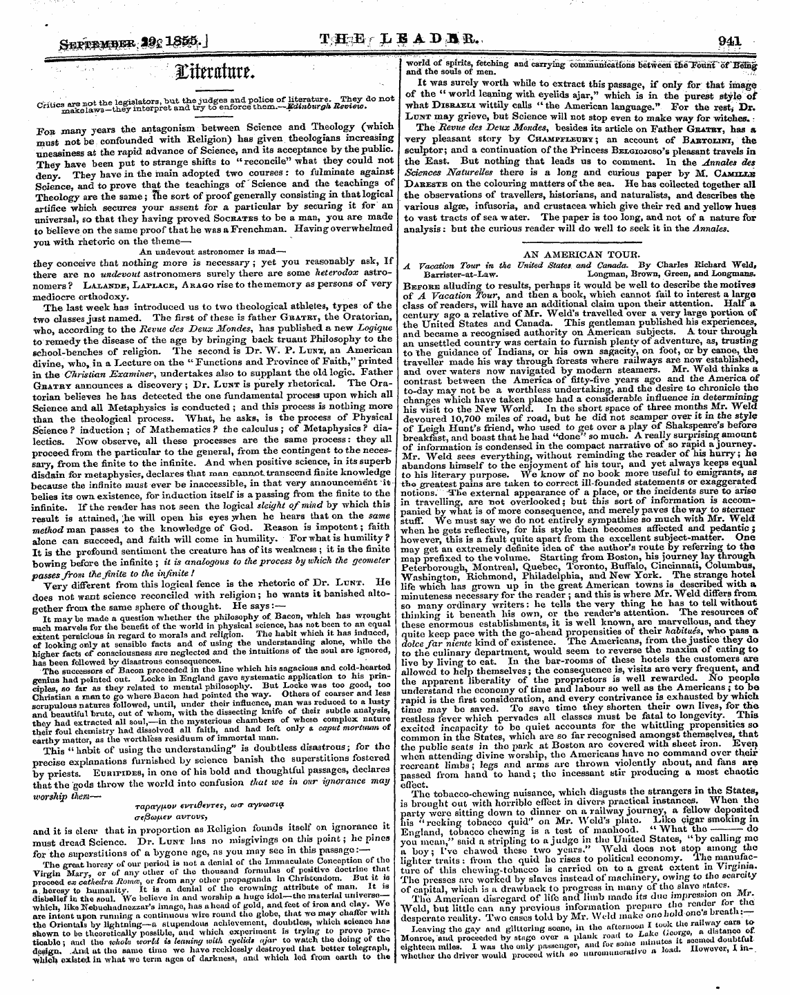 Leader (1850-1860): jS F Y, 2nd edition - An American Tour. A Vacation Tour In The...