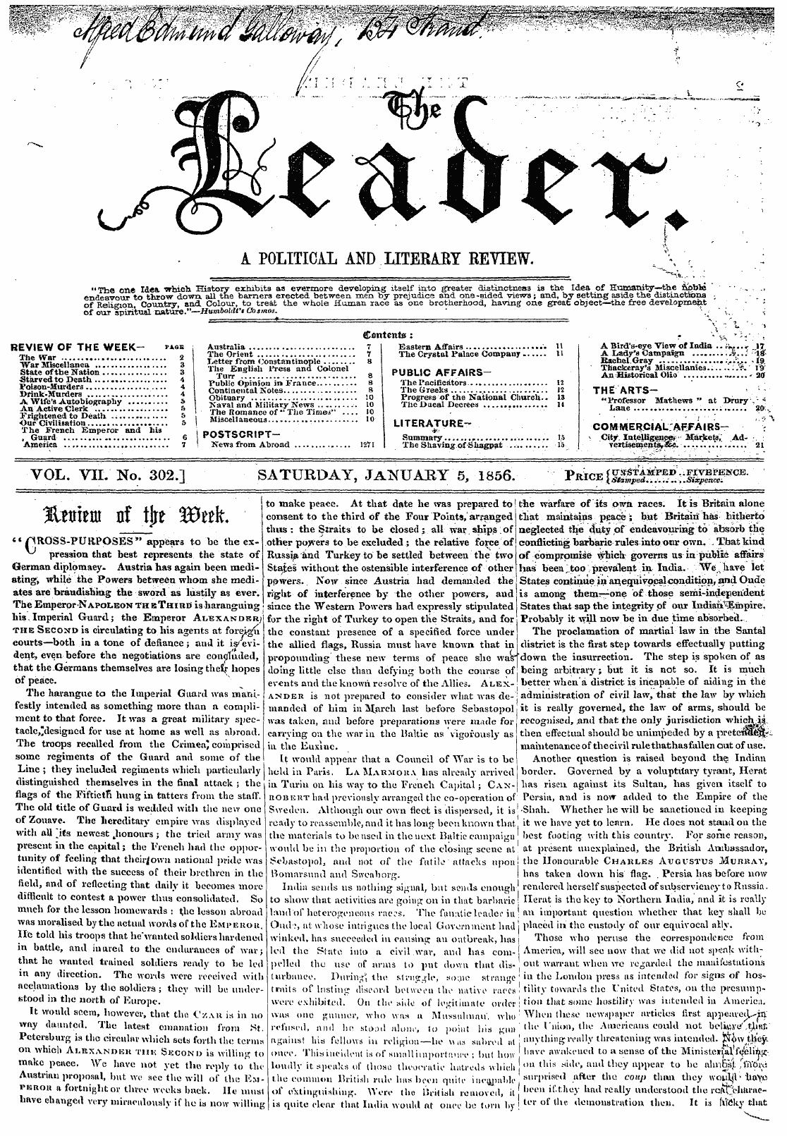 Leader (1850-1860): jS F Y, 2nd edition - " Pross-Purposes" Appears To Be The Ex-^...