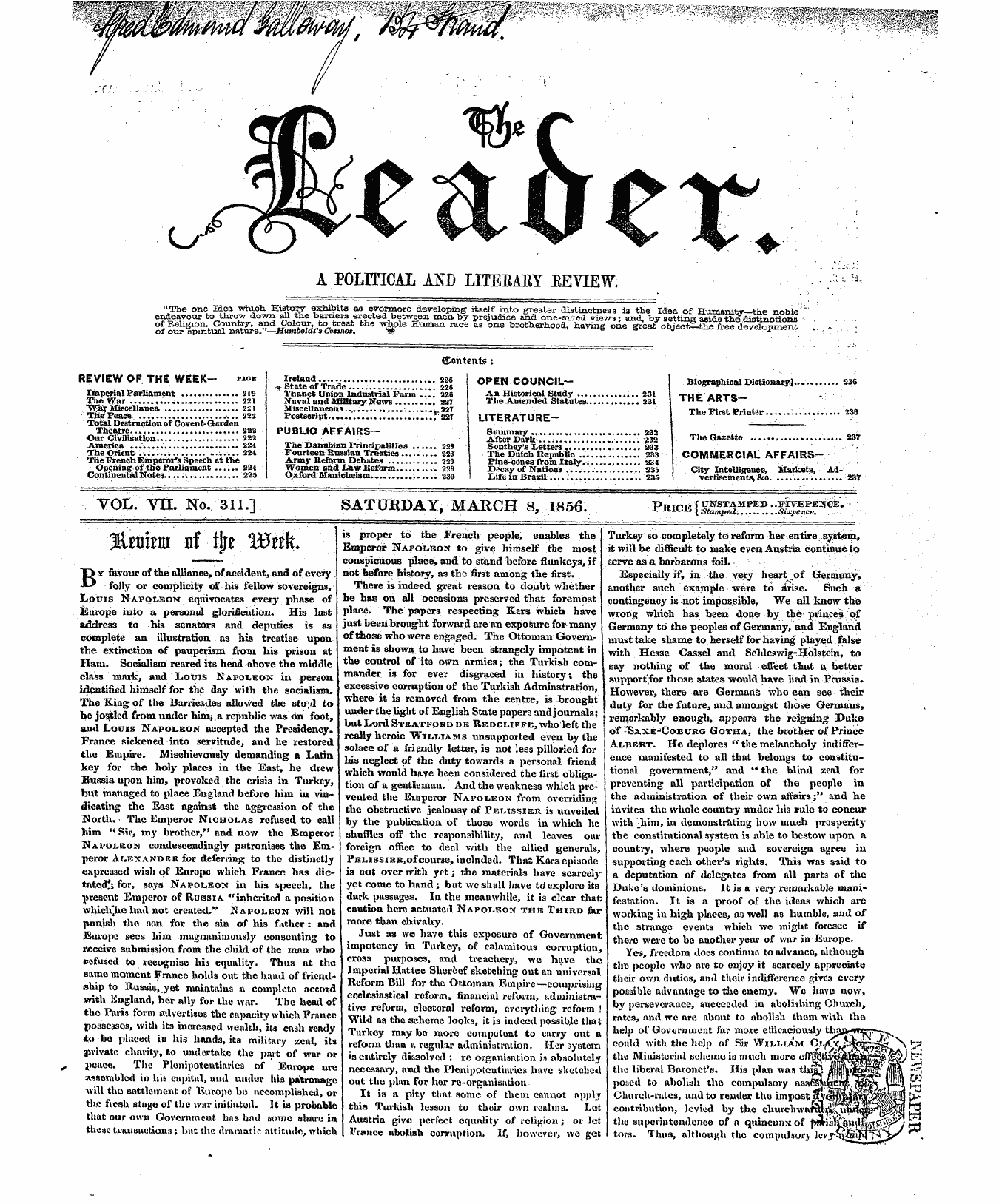 Leader (1850-1860): jS F Y, 2nd edition - Vol. Vii. No. 311.] Saturday, March 8, 1...