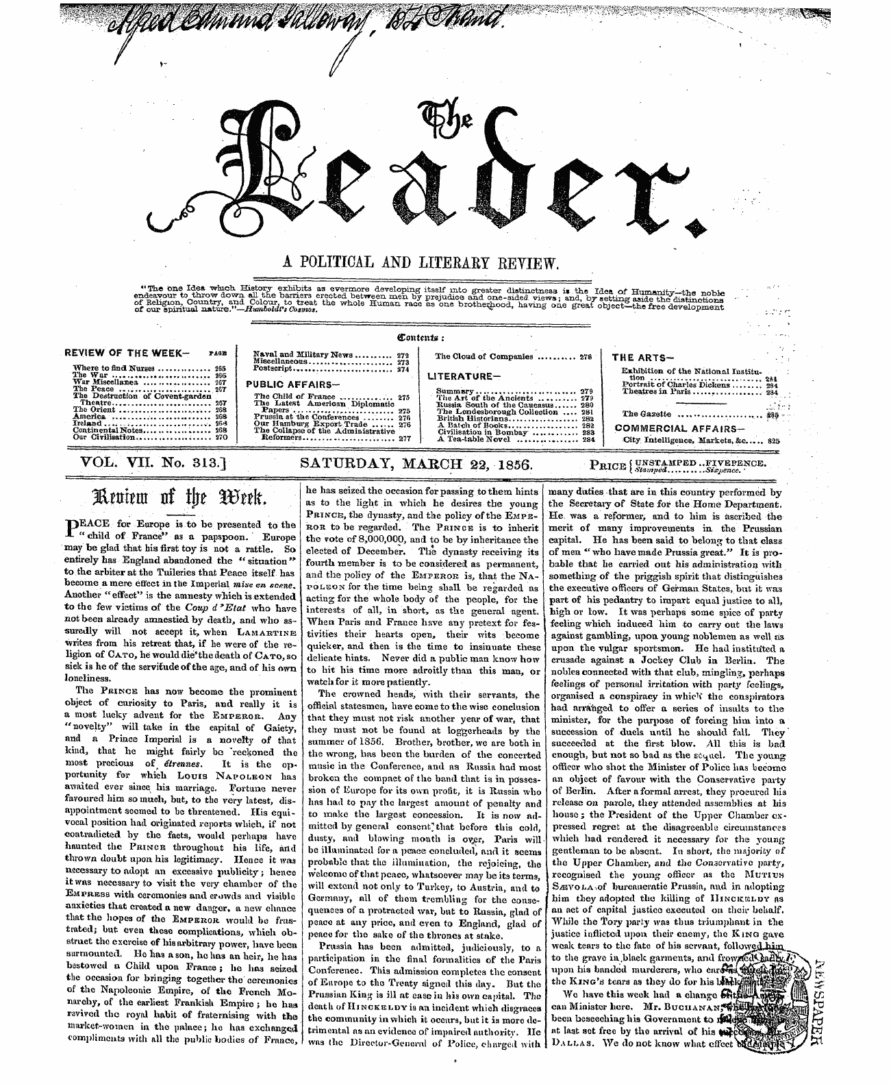 Leader (1850-1860): jS F Y, 2nd edition - Vol. Vii. No. 313.] Saturday, March 22, ...