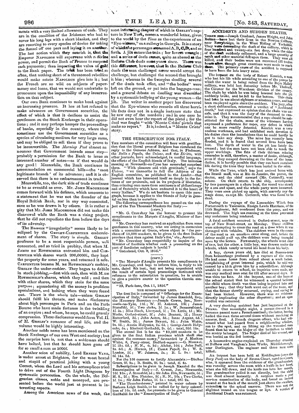 Leader (1850-1860): jS F Y, 2nd edition - The Subscription For Italy. The Members ...